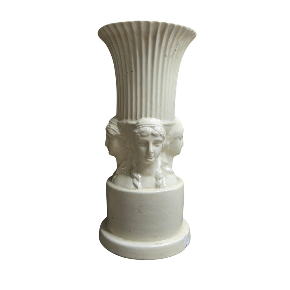 Vintage Ceramic Greek Goddess Faces Caryatid Column Pillar Vase White